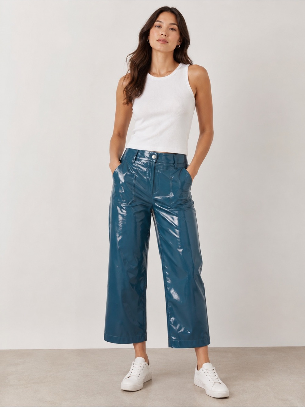 Anthropologie Maeve Teal Patent Faux Leather Cropped Wide Leg Pants